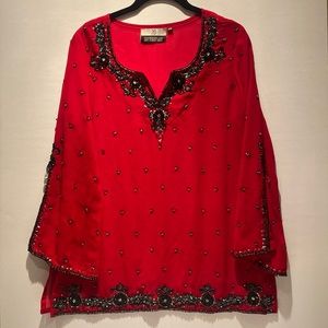 Kaneesha red and black top with ornate beading, size 40